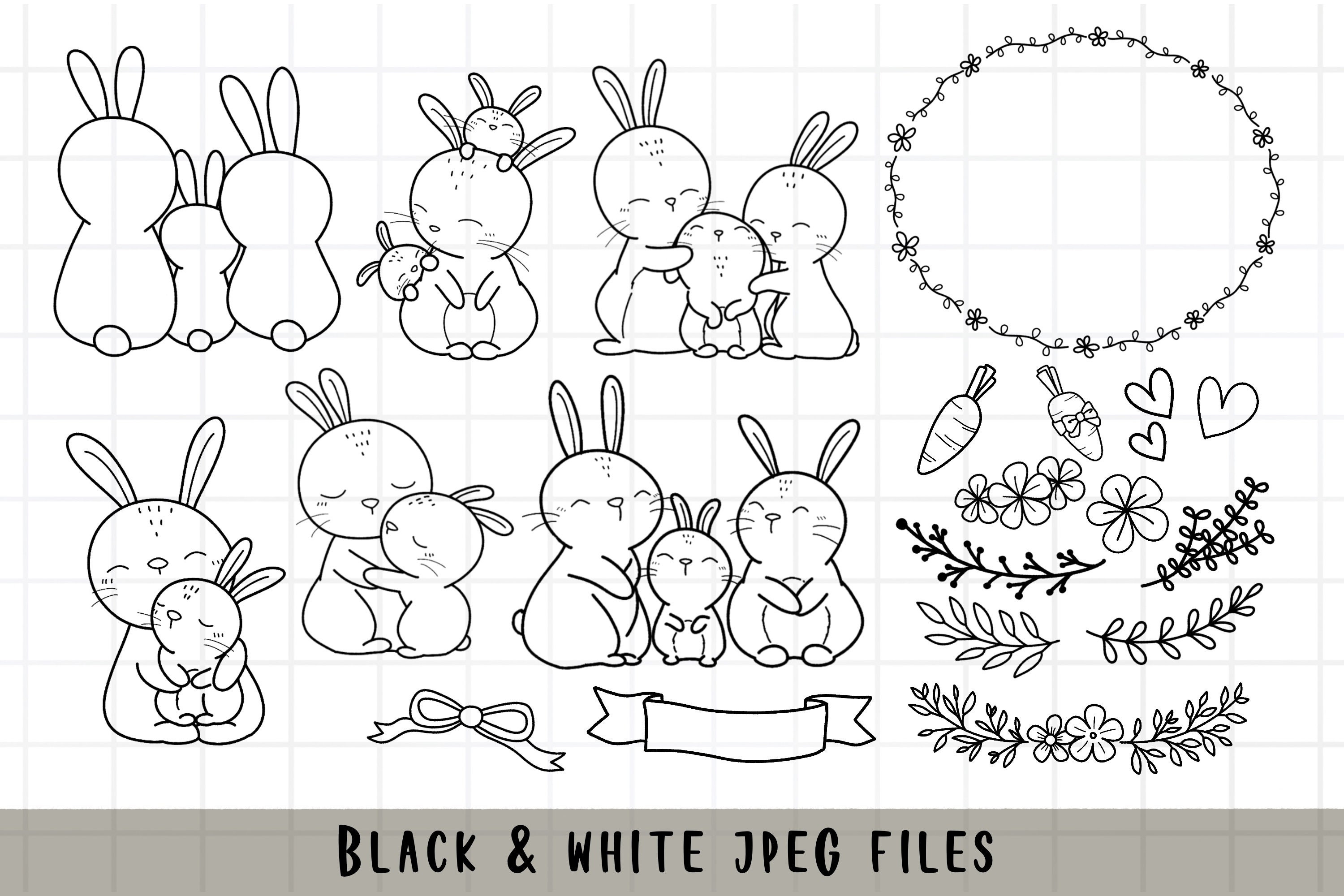 Family of Rabbit Clipart, Cute Bunny, Dad Mom, Woodland Animal, Outline ...