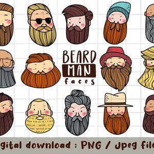May include: A collection of cartoon illustrations featuring various bearded man faces. The illustrations showcase different beard styles, colours, and facial expressions. The text "BEARD MAN faces" is displayed in the centre. The bottom of the image reads "Digital download : PNG / Jpeg files".