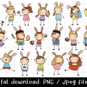 Doodle Rabiit Boys and Girls Clipart,Stick Figure Clipart, contorno Doodle, PNG Descargar, conjunto de imágenes prediseñadas digitales imprimibles, uso comercial