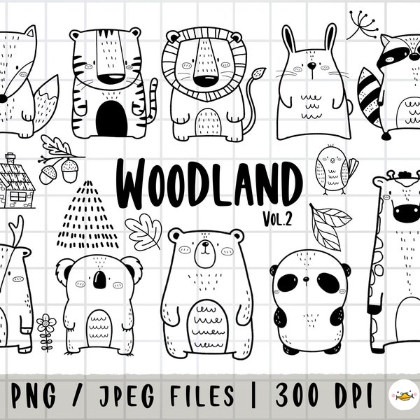 Woodland Animals Clipart, Forest Animal, Wild Cute animal, outline Doodle, PNG Download, printable digital clipart set, commercial use --V.2