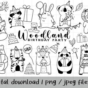 Woodland Birthday Party Clipart, Forest Animal, Wild Cute dier, overzicht Doodle, PNG downloaden, afdrukbare digitale clipart set, commercieel gebruik