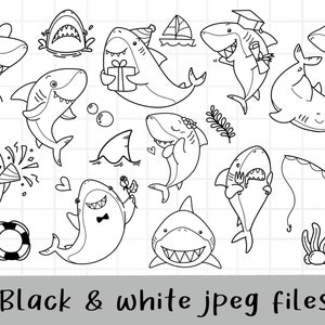 May include: Black and white line art illustrations of sharks in various poses. Some sharks are wearing hats, party hats, and graduation caps. Some sharks are holding objects like presents, a fork, and a fishing rod.