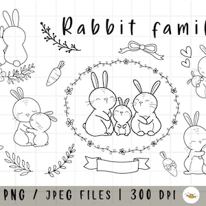 Familie von Kaninchen Clipart, niedliches Kaninchen, Waldtier, Papa Mama, Waldtier, Umriss Doodle, PNG Download/ druckbare digitale Clip Art Set/ kommerzielle Nutzung