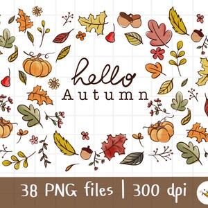 Puede incluir: Una colección de 38 ilustraciones de temática otoñal, que incluyen hojas, calabazas, bellotas y flores. Las ilustraciones son de estilo dibujado a mano y son perfectas para agregar un toque de otoño a tus proyectos.