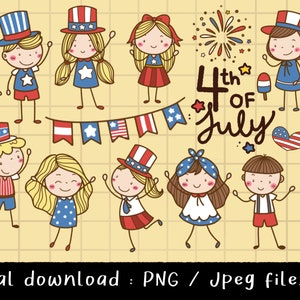 Clipart infantil de 4 de julho, clipart engraçado dos EUA, Dia da Independência, 4 de julho, menino e menina Doodle, clipart de boneco de palito, download PNG