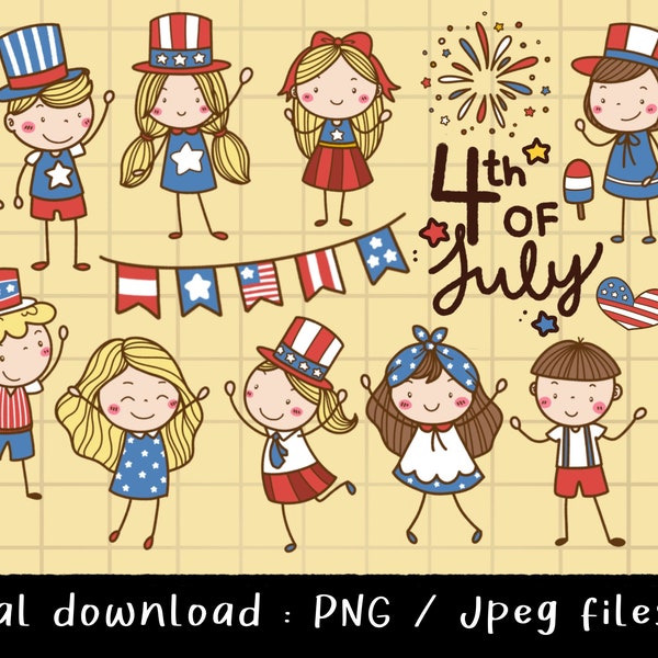 4 juillet kid clipart, Funny USA Clipart, Independence Day, 4 juillet, Doodle garçon et fille, Stick Figure Clipart, PNG Télécharger