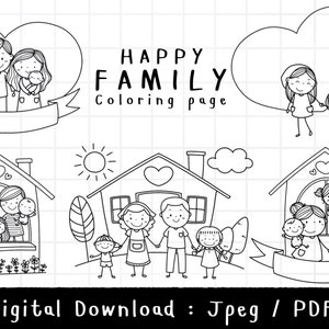 Happy Doodle Familie, Kid Strichmännchen, Mama Dad Sohn Tochter, Umriss Doodle, PNG Download, druckbare digitale Malseite