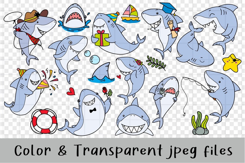 Cute Shark Clipart, jaw clipart, Doodle Shark, Sea animal life, outline Doodle, PNG Download/ printable digital clipart set / commercial use image 3