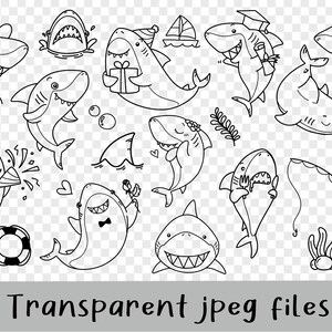 May include: A set of black and white line drawings of cartoon sharks in various poses. The sharks are wearing hats, holding gifts, and doing other activities. The drawings are on a transparent background.