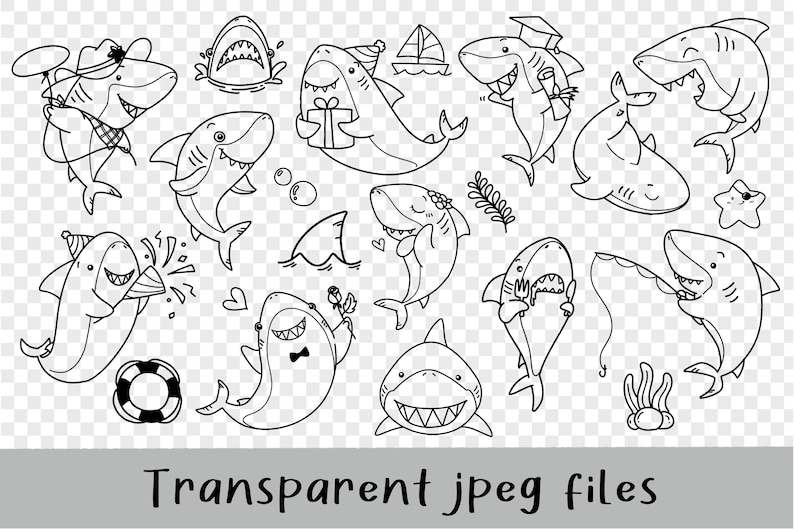 May include: A set of black and white line drawings of cartoon sharks in various poses. The sharks are wearing hats, holding gifts, and doing other activities. The drawings are on a transparent background.