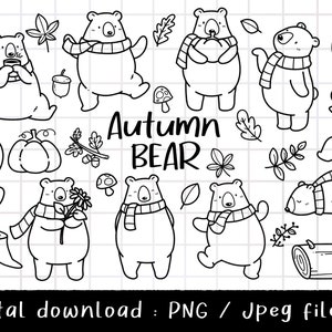 Puede incluir: Un conjunto de dibujos en blanco y negro de osos en varias poses, incluyendo de pie, sentados y acostados. Los osos llevan bufandas y algunos sostienen calabazas. El texto "Autumn Bear" está escrito en una fuente grande en la parte superior de la imagen.