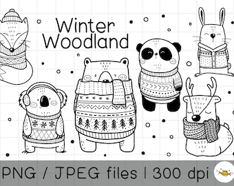 Könnte beinhalten: Schwarzweiße Linienzeichnungen eines Fuchses, Koalas, Bären, Pandas, Kaninchens und Rentiers, die Winterpullover tragen. Der Text "Winter Woodland" befindet sich oben im Bild.