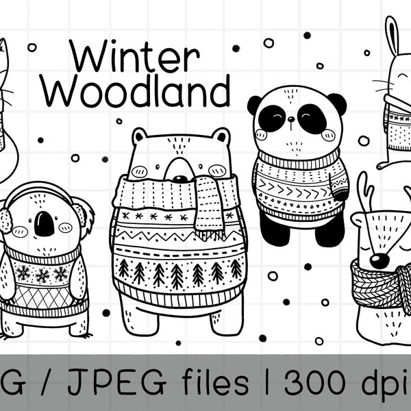 Winter Waldtiere Clipart, Tier im Pullover PNG, Der Winter kommt, Umriss Doodle, PNG Download, druckbare digitale Clipart-Set