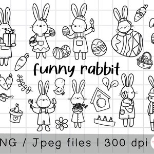 Clipart lapin drôle, Clipart lapin de Pâques, clipart printemps, contour Doodle, téléchargement PNG, ensemble de clipart numérique imprimable, usage commercial