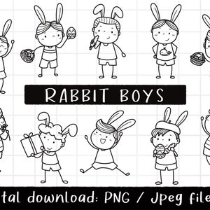 Doodle Rabiit Boys Clipart,Stick Figure Clipart,friend clipart,outline Doodle, PNG Download, printable digital clipart set, commercial use
