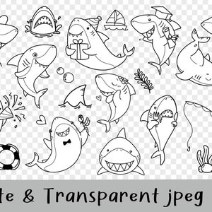 May include: A set of black and white line drawings of cartoon sharks in various poses. The sharks are wearing hats, holding gifts, and doing other activities. The drawings are on a transparent background.