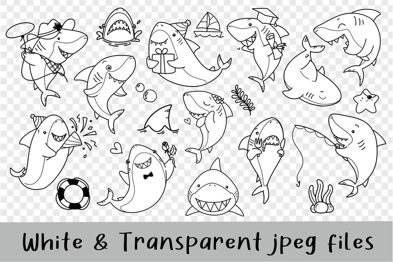 May include: A set of black and white line drawings of cartoon sharks in various poses. The sharks are wearing hats, holding gifts, and doing other activities. The drawings are on a transparent background.