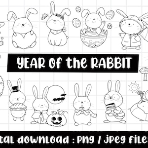 Jahr des Kaninchens Clipart, Waldtiere Clipart, wildes süßes Tier, Umriss Doodle, PNG Download, druckbare digitale Clipart-Set