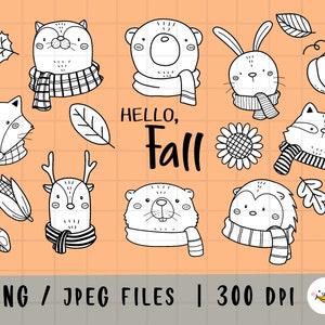 May include: Black and white line art illustrations of various animals wearing scarves, including a fox, raccoon, deer, bear, bunny, and otter. The text "HELLO, Fall" is also included in the image.