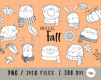 Hello Fall Woodland Animals Clipart, Autumn Forest Animal, Wild Cute animal, PNG Download, printable digital clipart set, commercial use