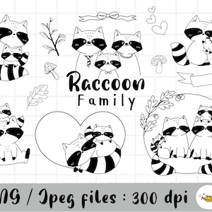Famille de raton laveur Clipart, mignon raton laveur, papa et maman, animal des bois, contour Doodle, PNG Télécharger/ensemble de cliparts numériques imprimables, utilisation commerciale