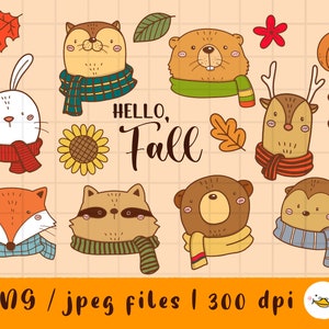 Puede incluir: Un conjunto de lindas ilustraciones de animales con accesorios de otoño. Los animales incluyen un conejo, un zorro, un mapache, un oso, un erizo, un castor y un ciervo. El texto "Hello, Fall" está escrito en una fuente caprichosa.