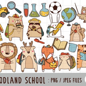 Woodland Animals Retour à l’école Clipart, Woodland school clipart, Doodle clipart,PNG Télécharger, ensemble de cliparts numériques imprimables, utilisation commerciale
