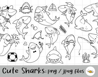 Cute Shark Clipart, jaw clipart, Doodle Shark, Sea animal life, outline Doodle, PNG Download/ printable digital clipart set / commercial use