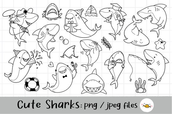 Cute Shark Clipart, jaw clipart, Doodle Shark, Sea animal life, outline Doodle, PNG Download/ printable digital clipart set / commercial use