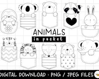 Animal in the pocket Clipart, Cute Animal, Woodland Animal, Baby nursery animal, Kid Shirt, Coloring Clipart, Transparent PNG Download