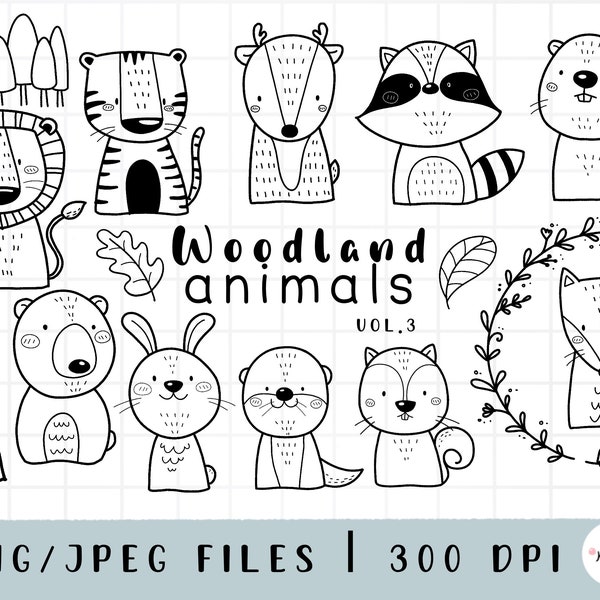 Woodland Animals Clipart, Forest Animal, Wild Cute animal, outline Doodle, PNG Download, printable digital clipart set, commercial use --V.3