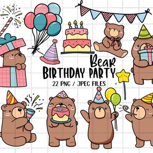 Cute Bear clipart commercial use Birthday elements,PNG Download,printable digital clipart set Bear Birthday party Clipart Happy birthday