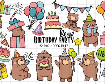 Clipart de fiesta de cumpleaños de oso, feliz cumpleaños, imágenes prediseñadas de oso lindo, elementos de cumpleaños, descarga PNG, conjunto de imágenes prediseñadas digitales imprimibles, uso comercial