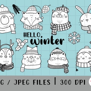 Puede incluir: Ilustraciones en blanco y negro de animales de invierno, incluyendo un zorro, un oso, un conejo, un reno, un castor, un pingüino y un mapache. Las ilustraciones están sobre un fondo azul claro con el texto "HELLO winter" en negro.