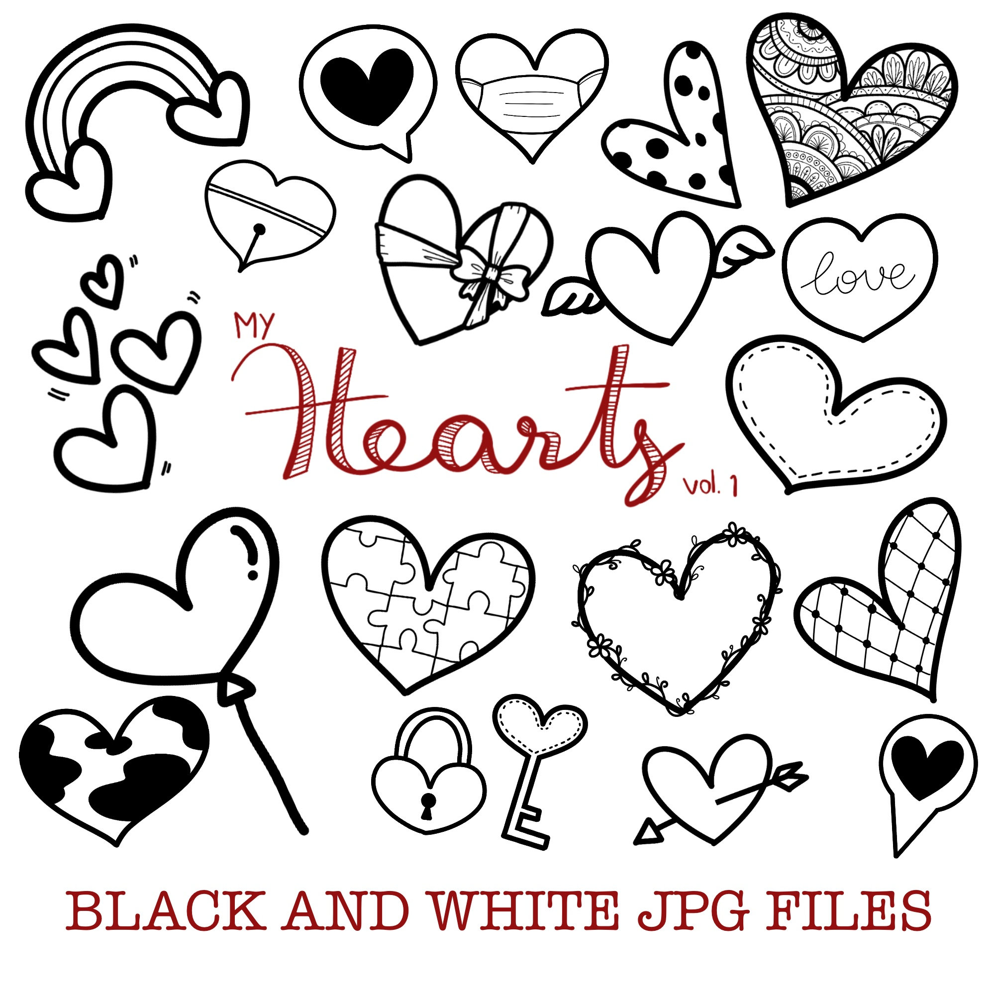 Heart Hand Draw Clipart - Black and White Heart /heart Line Art / Printable  Digital Clipart Set / Commercial Use - Etsy, image size:2000x2000