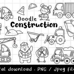 Doodle constructie clipart, bouw vrachtwagen, constructie partij, overzicht doodle, PNG downloaden, afdrukbare digitale clipart set