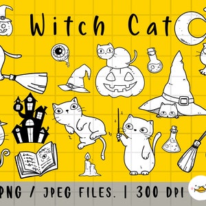Witch Cat Clipart, Halloween Clipart, Pumpkin png, Horror Kitty, outline Doodle, PNG Download, printable digital clipart set, commercial use
