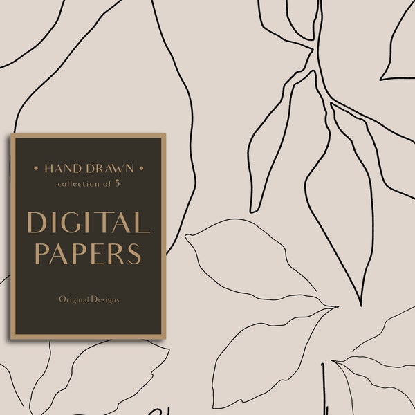Hand Drawn Pattern, Digital Pattern Set, Leaf Pattern, Botanical Digital Paper, Modern Design, Original Drawing, Textile Pattern, Line Art