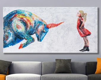 48",Unique Girl vs bull,Amassing frozen sparkling background,painting for office,Charging Bull painting,girl vs bull by Anatoli Voznarski