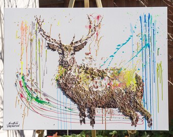 Deer 40'',animal 3D Artwork,Signature Stag Acrylic Painting Canvas,painting for office,Mixed Heavy X-Textured Deer by Anatoli Voznarski