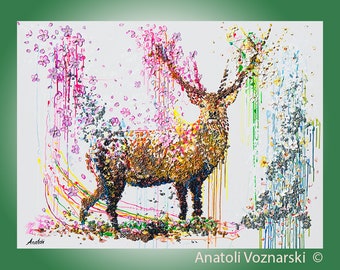 Deer,deer 3D Artwork 48x36",Signature Abstract Acrylic Stag on Canvas,painting for office,Mixed X-Heavy Textured Deer by Anatoli Voznarski
