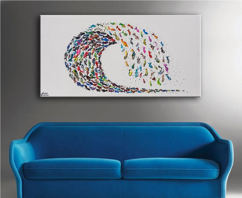 48,Wave,Beautiful Fish Wave 3D Artwork,office painting,Signature Acrylic Metallic Fish Painting,Unique Texture Artwork by Anatoli Voznarski image 3