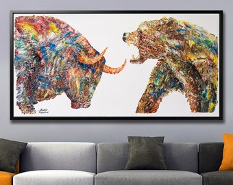 48"Absolutely gorgeous bull vs Bear,Wall street Stock Exchange,Exchange Bull vs Bear,painting for office,Bull vs. Bear Anatoli Voznarski