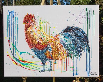 Rooster,Rooster Artwork 40",Signature Rooster Abstract Painting on Canvas,painting for office,Mixed X-Textured rooster by Anatoli Voznarski