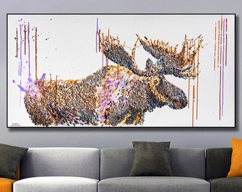 Moose,Moose 3D Artwork 48",Signature Original Mixed Painting on Canvas,painting for office,X-Heavy Textured Moose by Anatoli Voznarski