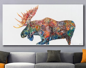 Moose,48",Unique Texture Moose,Signature Handmade Moose Painting,Animal painting,Thick Layers Moose on Canvas,Moose by Anatoli Voznarski