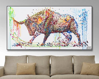 Bull,Red Bull 3D Artwork 48",Signature Abstract Acrylic Mixed Painting on Canvas,painting for office,thick layers Bull by Anatoli Voznarski