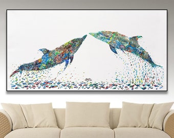 Dolphin,Dolphin Love,60",Unique Acrylic Painting on Canvas,thick layers Dolphin Love,painting for office,Dolphin by Anatoli Voznarski