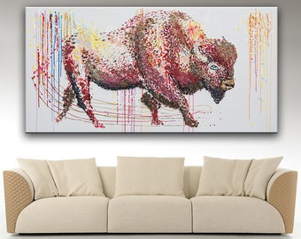 Buffalo 48",Buffalo 3D Artwork,Signature thick layers Painting on Canvas,painting for office,Mixed buffalo painting by Anatoli Voznarski