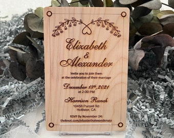 Luxury Wooden Wedding Invitations USA, Custom Engraved Birch Wood Invites, Rustic Wedding Invitation Suite